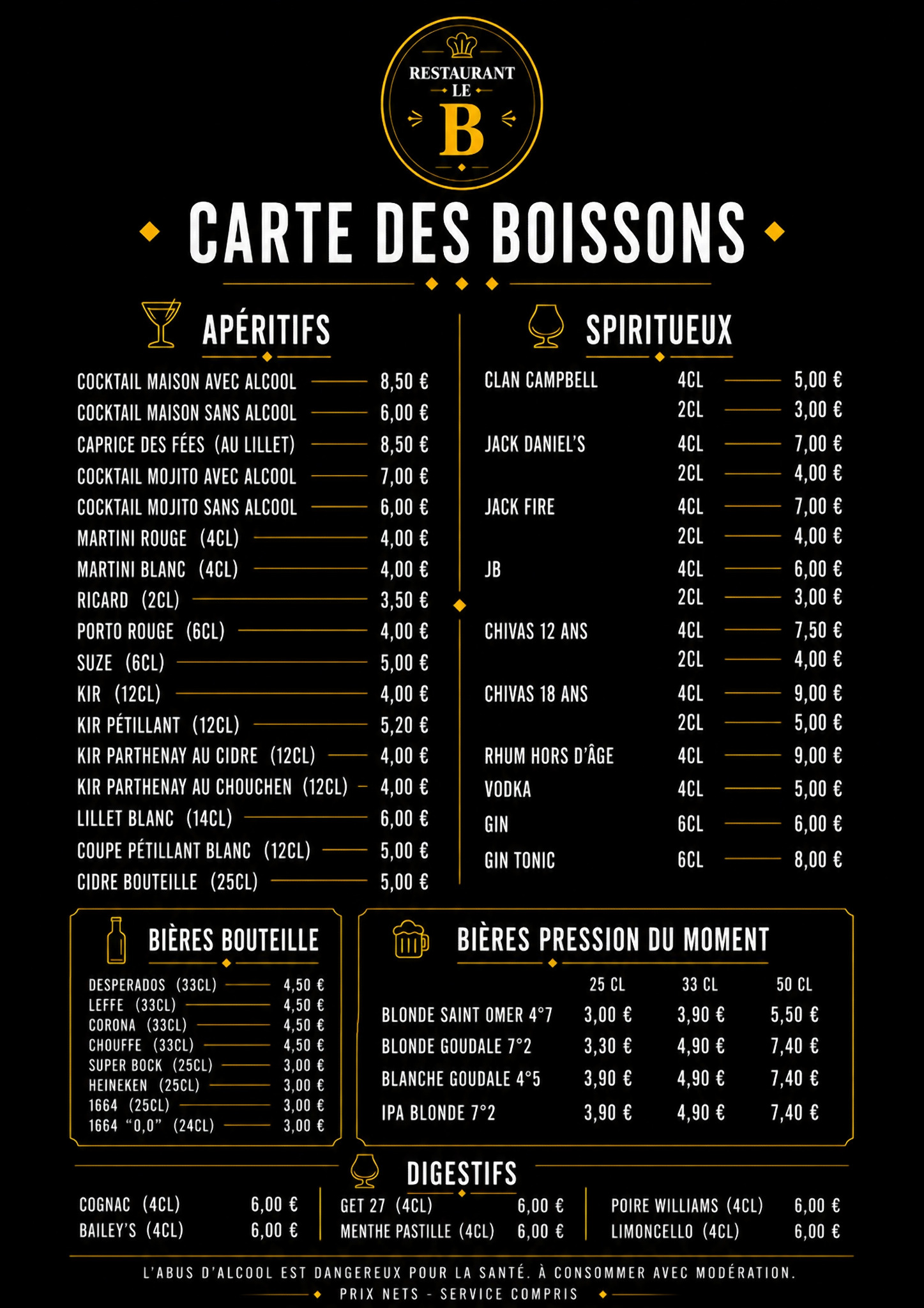 Carte des boissons
