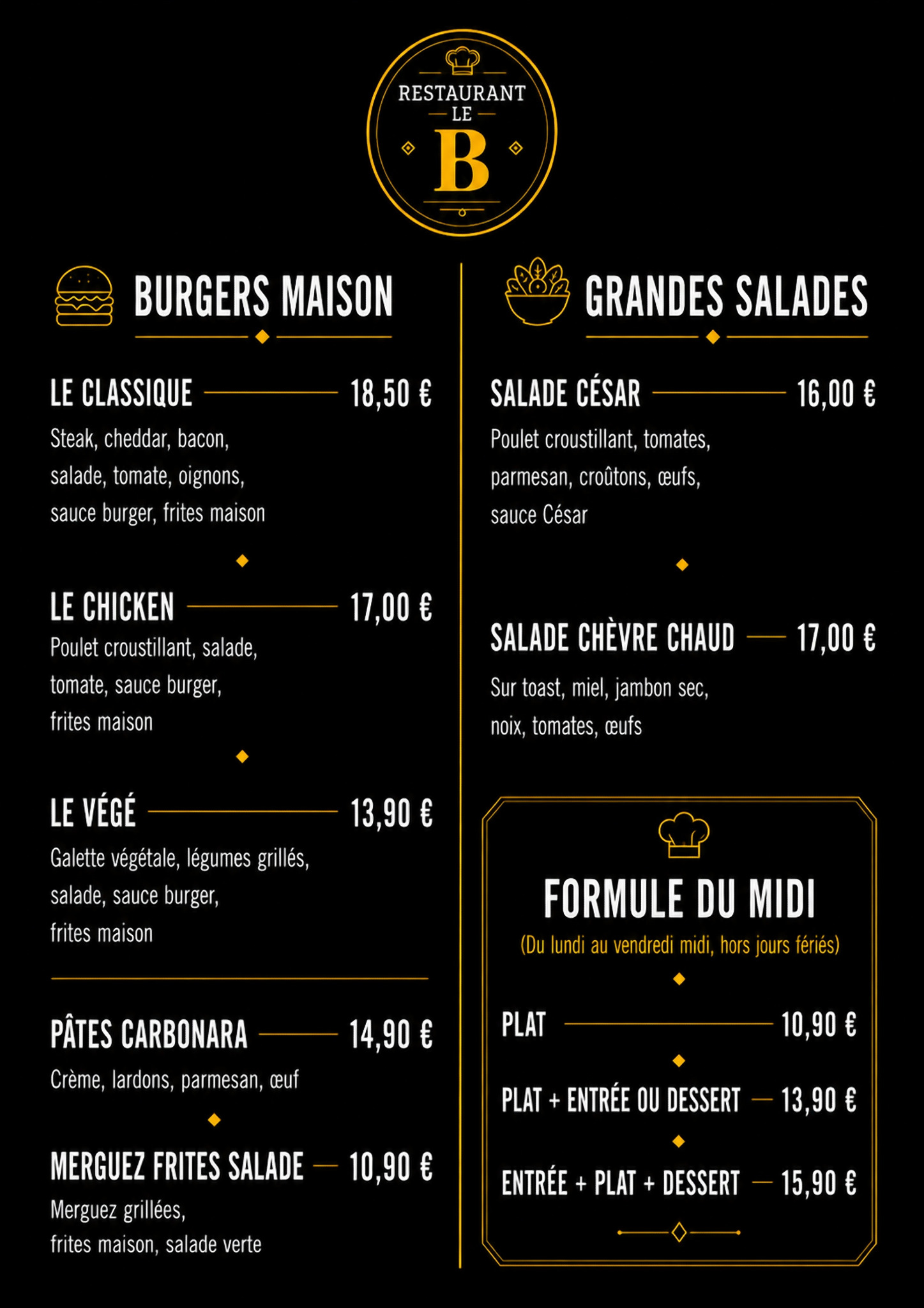 Burgers et grandes salades